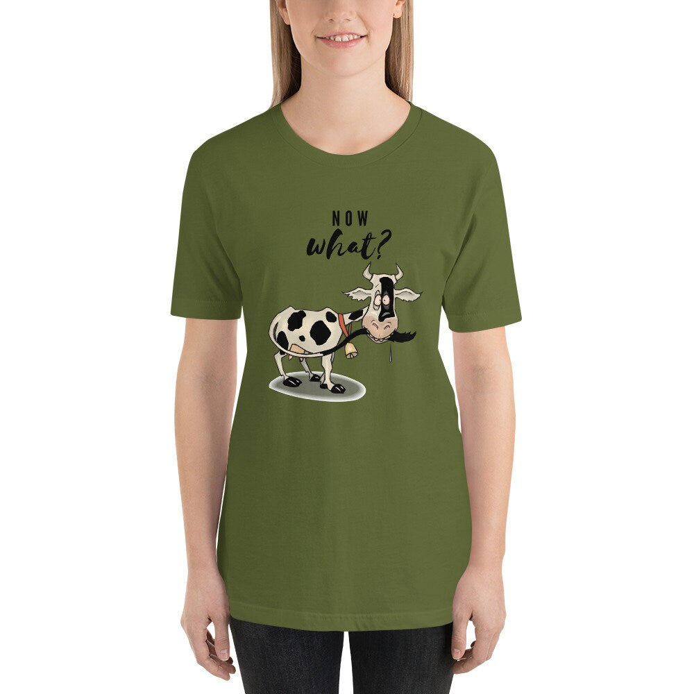 Now What T-Shirt Funny Sarcastic Cow Shirt Chasing Its Tail Sassy Cow Shirt Farm Animal Adult Unisex Shirt Heifer Tee Cow Lover Shirt