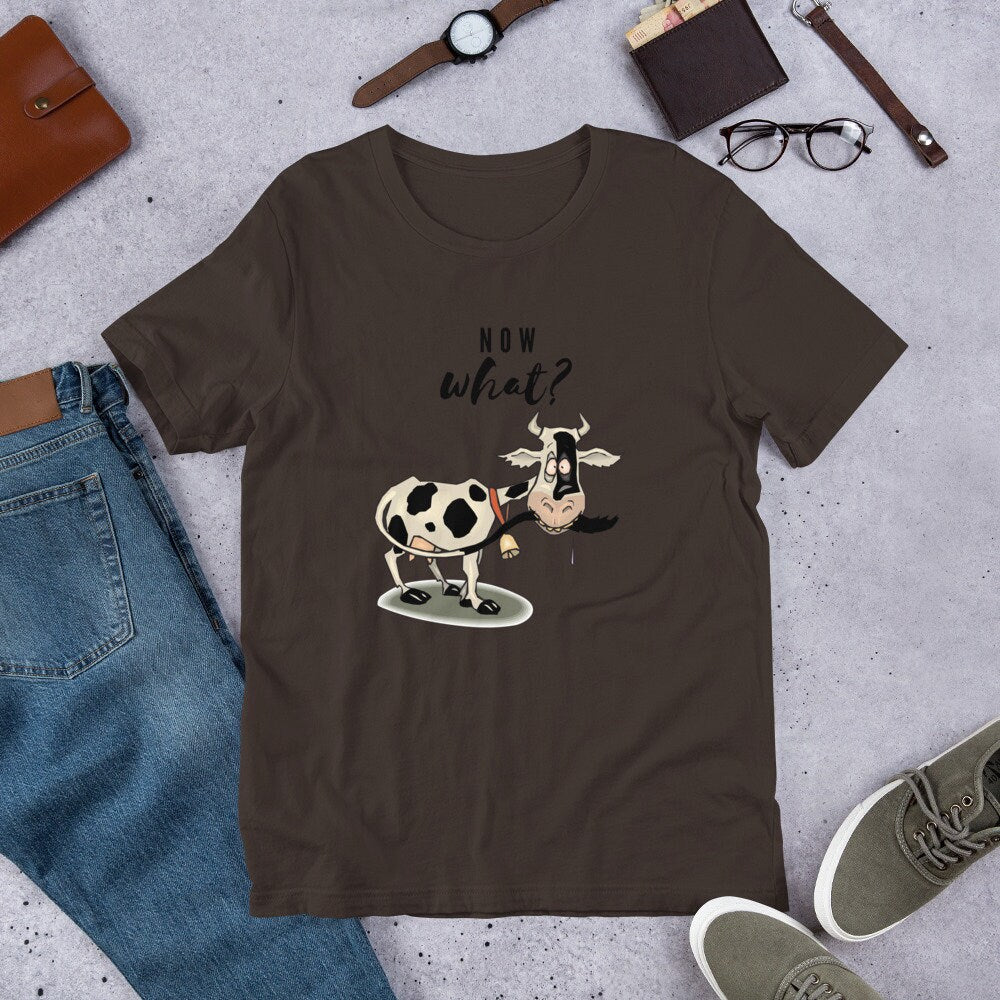 Now What T-Shirt Funny Sarcastic Cow Shirt Chasing Its Tail Sassy Cow Shirt Farm Animal Adult Unisex Shirt Heifer Tee Cow Lover Shirt