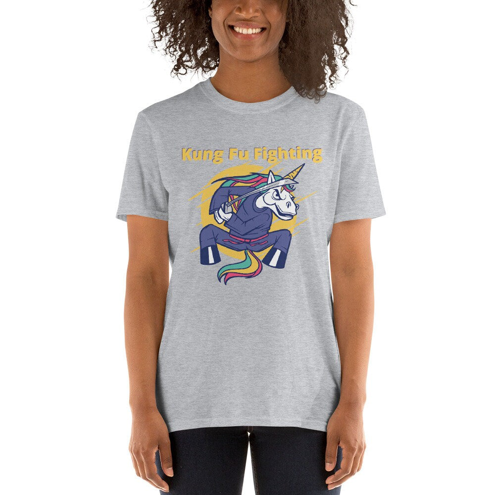 Kung Fu Fighting Unicorn Funny Sarcastic Shirt Soft Short Sleeved Unisex Adult TShirt Great Gift Idea for Men Women Friends Karate Tee Shirt