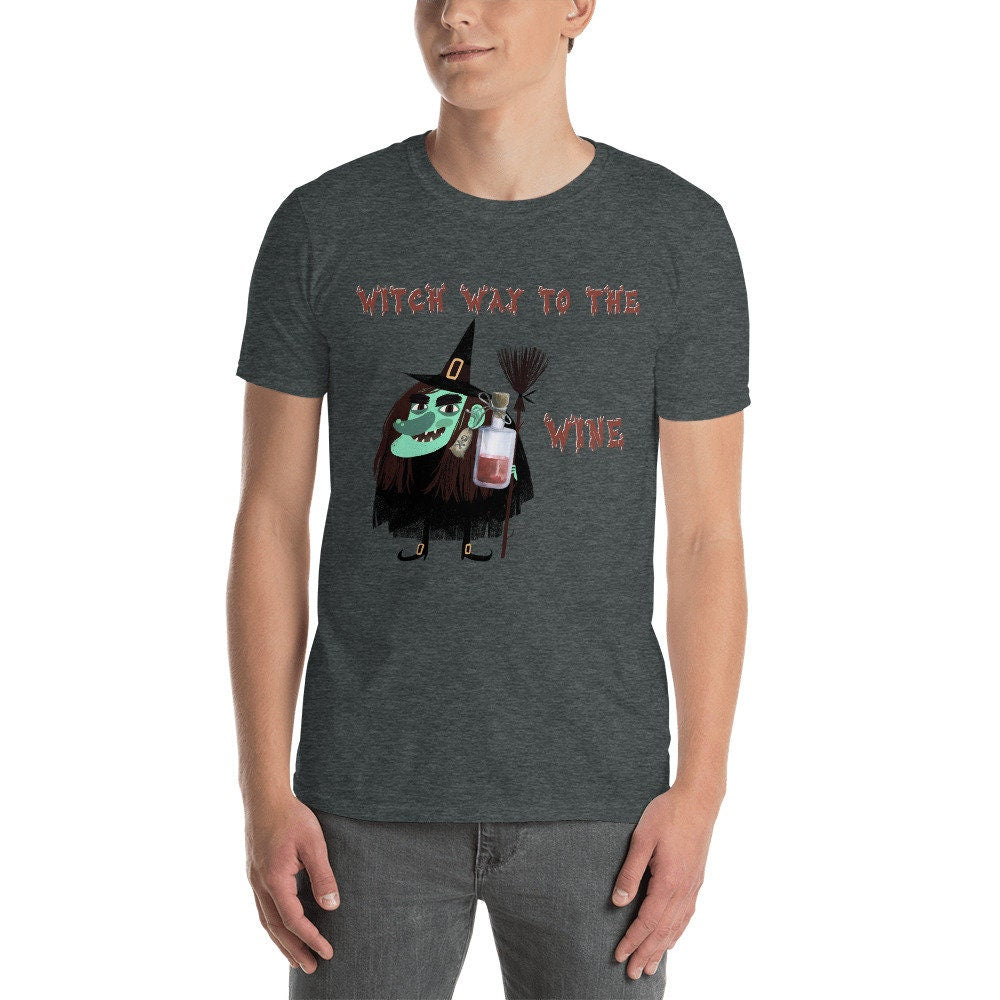 Witch Way To The Wine Silly Funny Sarcastic TShirt for Halloween Shirt with Witches Ghost and Bat for Men Women that Love Halloween and Wine