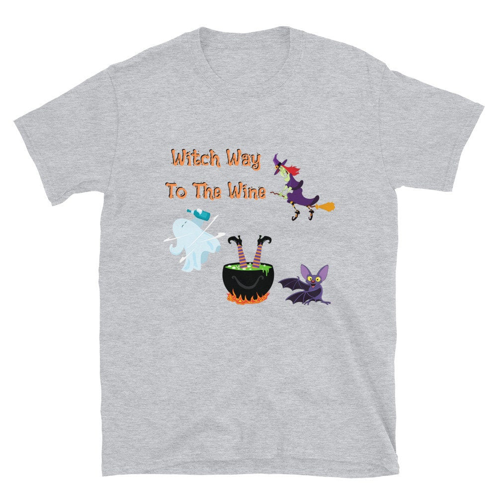 Witch Way To The Wine Silly Funny Sarcastic TShirt for Halloween Shirt with Witches Ghost and Bat for Men Women that Love Halloween and Wine