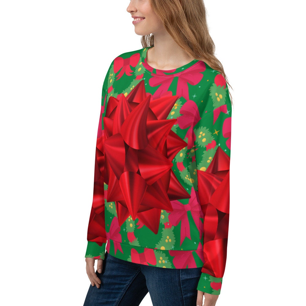 Big Red Ugly Christmas Holiday Package Bow Funny Silly Unisex Sweatshirt Stand Out at Friends Family Holiday Company Parties One of a Kind