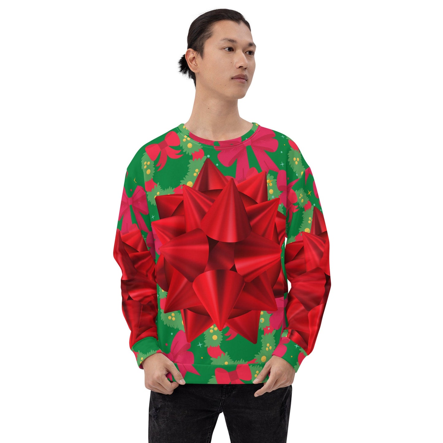Big Red Ugly Christmas Holiday Package Bow Funny Silly Unisex Sweatshirt Stand Out at Friends Family Holiday Company Parties One of a Kind
