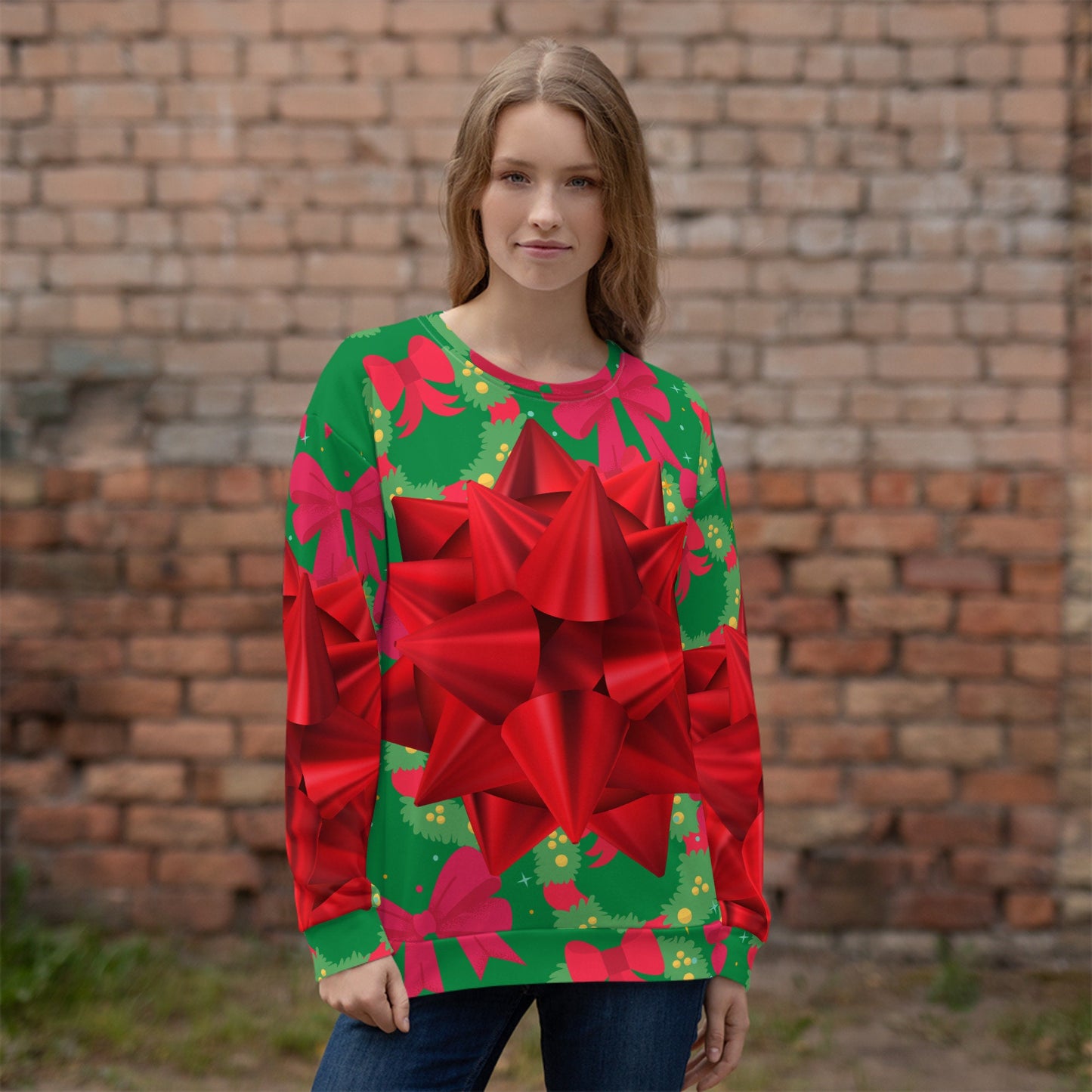 Big Red Ugly Christmas Holiday Package Bow Funny Silly Unisex Sweatshirt Stand Out at Friends Family Holiday Company Parties One of a Kind