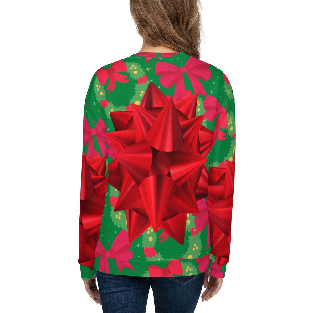 Big Red Ugly Christmas Holiday Package Bow Funny Silly Unisex Sweatshirt Stand Out at Friends Family Holiday Company Parties One of a Kind