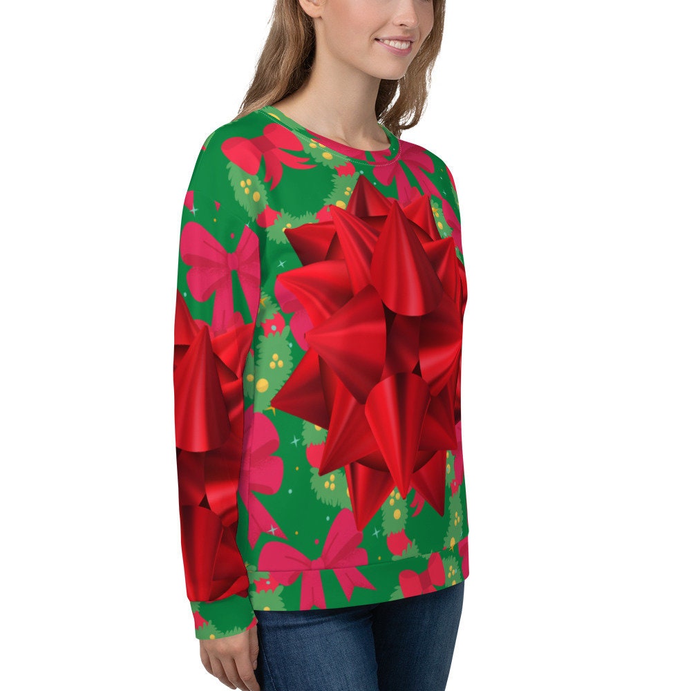 Big Red Ugly Christmas Holiday Package Bow Funny Silly Unisex Sweatshirt Stand Out at Friends Family Holiday Company Parties One of a Kind