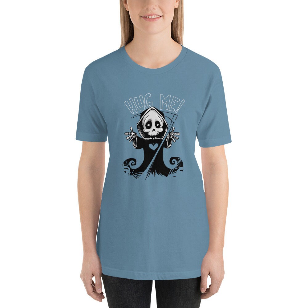 Hug Me Cute Little Guy Adult Unisex Short Sleeved T-Shirt Great Gift Idea for Anyone that Loves Skeletons or Spooky Things