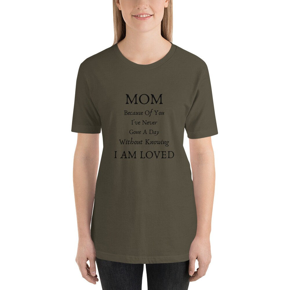 Mom Because Of You I've Never Gone A Day Without Knowing I Am Loved Mother's Day T-Shirt Expecting Moms Tee TShirt To A Wonderful Mom Gift