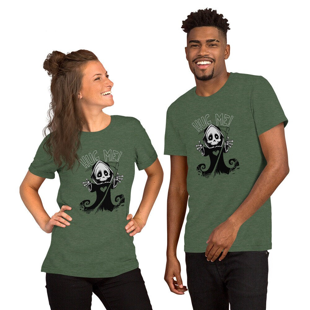 Hug Me Cute Little Guy Adult Unisex Short Sleeved T-Shirt Great Gift Idea for Anyone that Loves Skeletons or Spooky Things