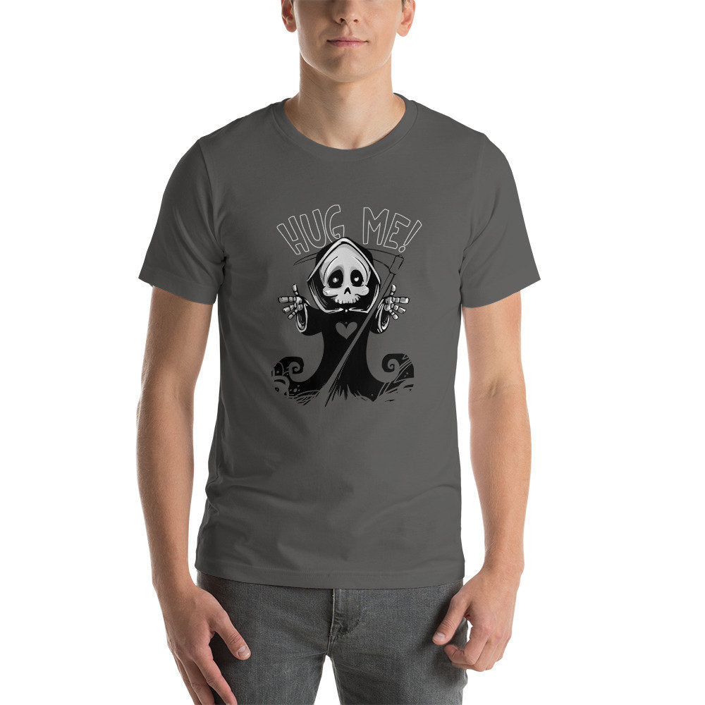 Hug Me Cute Little Guy Adult Unisex Short Sleeved T-Shirt Great Gift Idea for Anyone that Loves Skeletons or Spooky Things