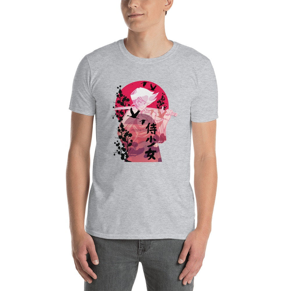 Samurai Japanese Girl T-Shirt Great Gift Idea For Anime Lovers Soft Comfortable Short Sleeved Tee Shirt with Bokken and Sword Ninja Warrior