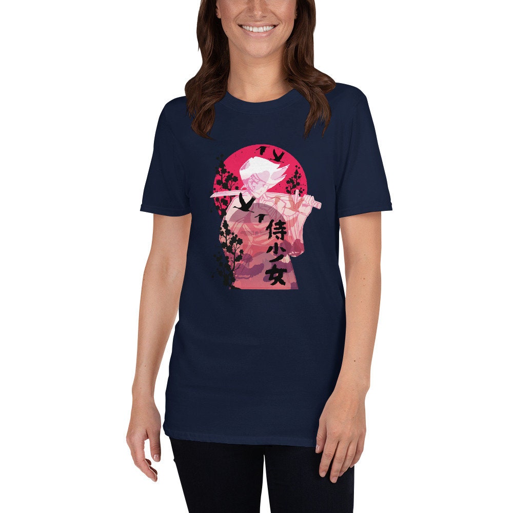 Samurai Japanese Girl T-Shirt Great Gift Idea For Anime Lovers Soft Comfortable Short Sleeved Tee Shirt with Bokken and Sword Ninja Warrior