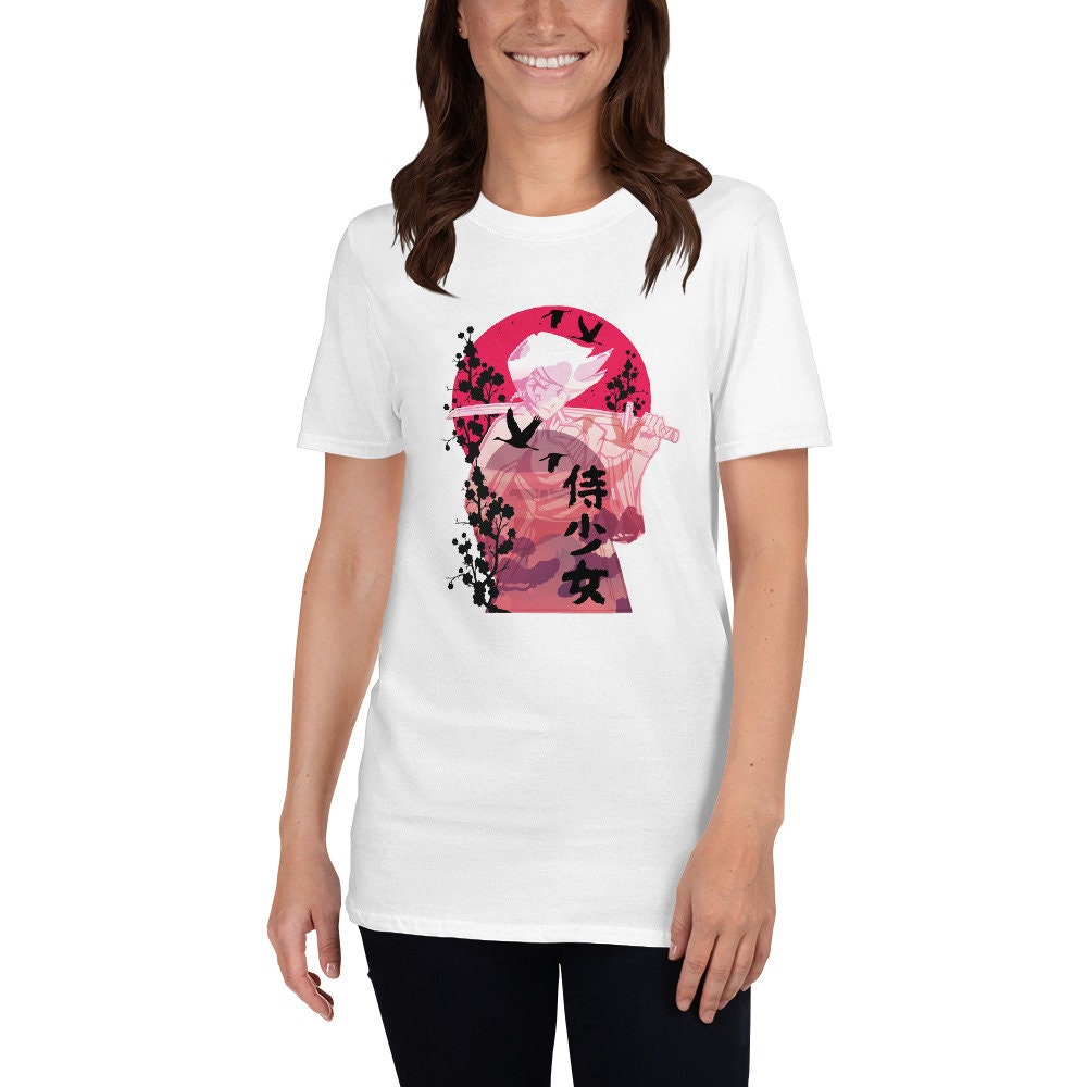 Samurai Japanese Girl T-Shirt Great Gift Idea For Anime Lovers Soft Comfortable Short Sleeved Tee Shirt with Bokken and Sword Ninja Warrior