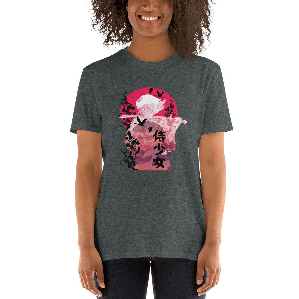 Samurai Japanese Girl T-Shirt Great Gift Idea For Anime Lovers Soft Comfortable Short Sleeved Tee Shirt with Bokken and Sword Ninja Warrior