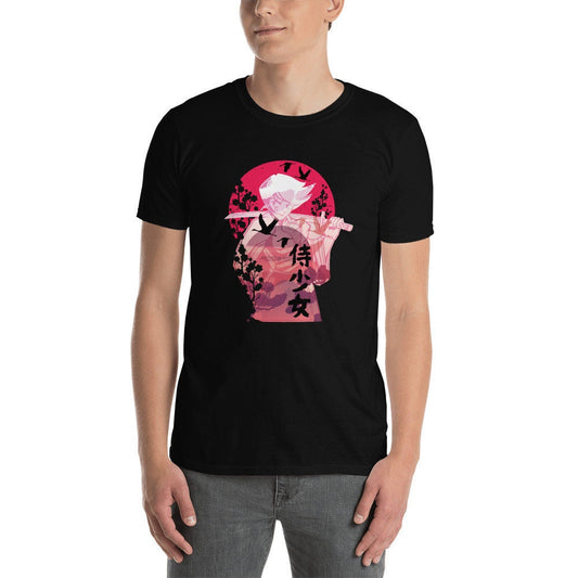 Samurai Japanese Girl T-Shirt Great Gift Idea For Anime Lovers Soft Comfortable Short Sleeved Tee Shirt with Bokken and Sword Ninja Warrior