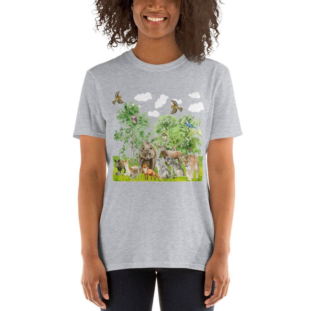 Animals in the Forest Family T-Shirt Great Gift Idea for Men and Women that Love Animals. Bear Tiger Fox Birds All Kinds of Forest Animals