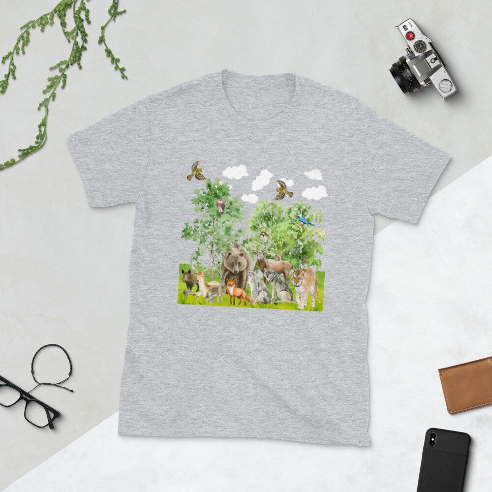 Animals in the Forest Family T-Shirt Great Gift Idea for Men and Women that Love Animals. Bear Tiger Fox Birds All Kinds of Forest Animals