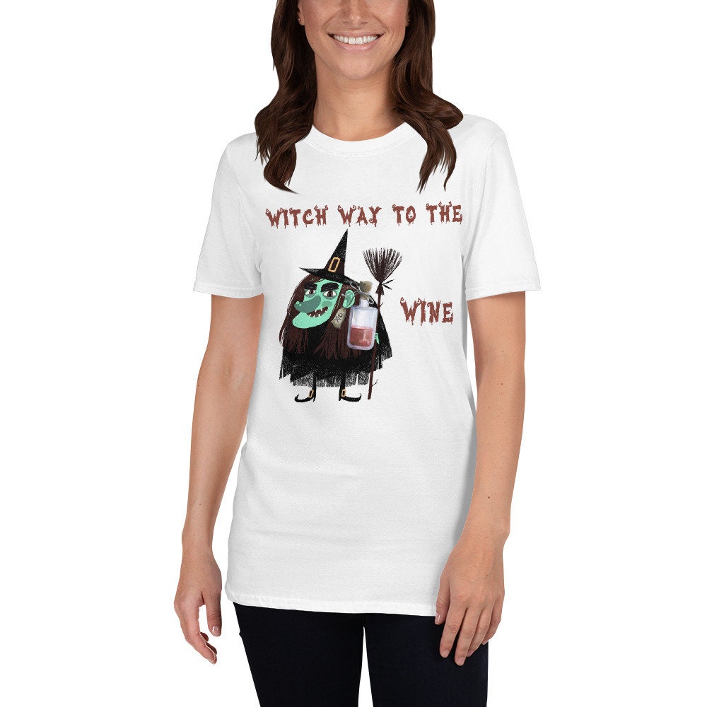 Witch Way To The Wine Silly Funny Sarcastic TShirt for Halloween Shirt with Witches Ghost and Bat for Men Women that Love Halloween and Wine