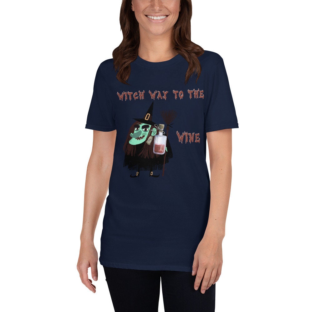 Witch Way To The Wine Silly Funny Sarcastic TShirt for Halloween Shirt with Witches Ghost and Bat for Men Women that Love Halloween and Wine