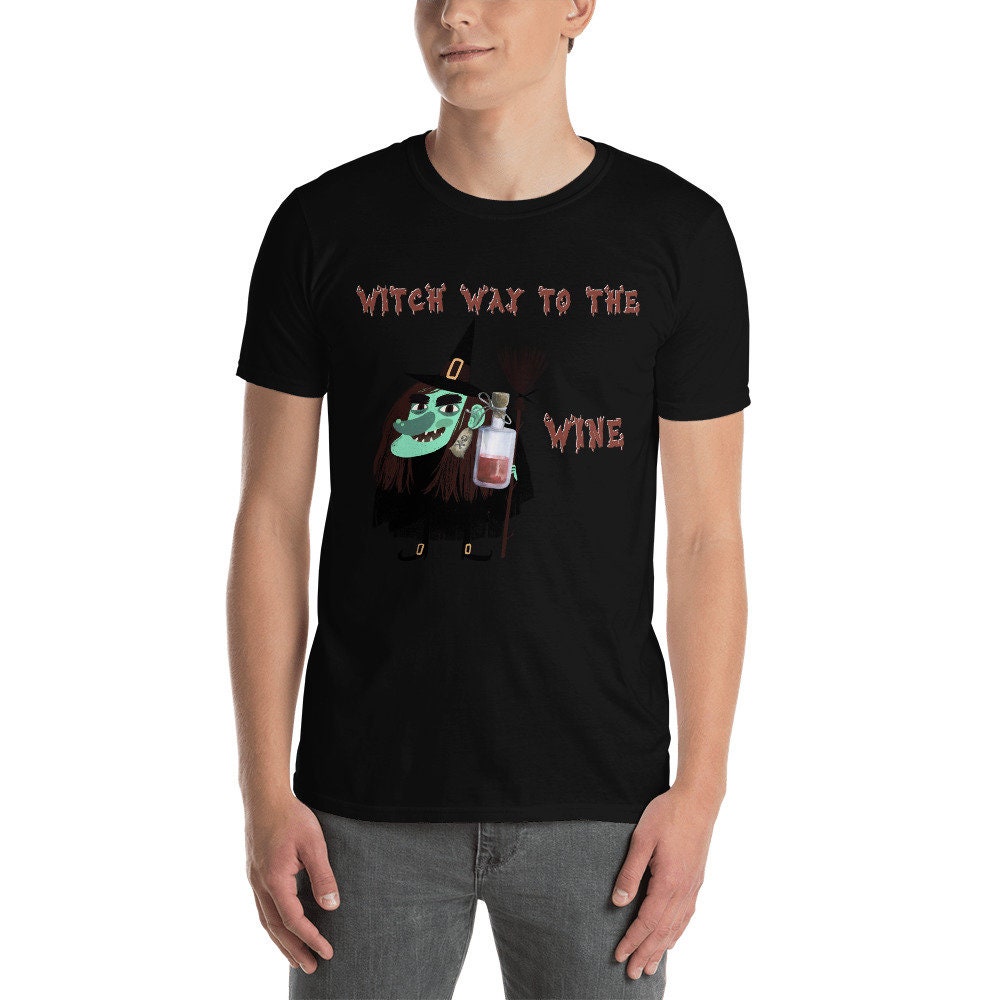 Witch Way To The Wine Silly Funny Sarcastic TShirt for Halloween Shirt with Witches Ghost and Bat for Men Women that Love Halloween and Wine