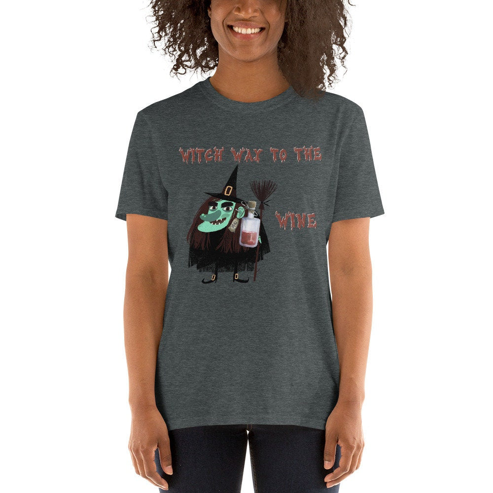 Witch Way To The Wine Silly Funny Sarcastic TShirt for Halloween Shirt with Witches Ghost and Bat for Men Women that Love Halloween and Wine