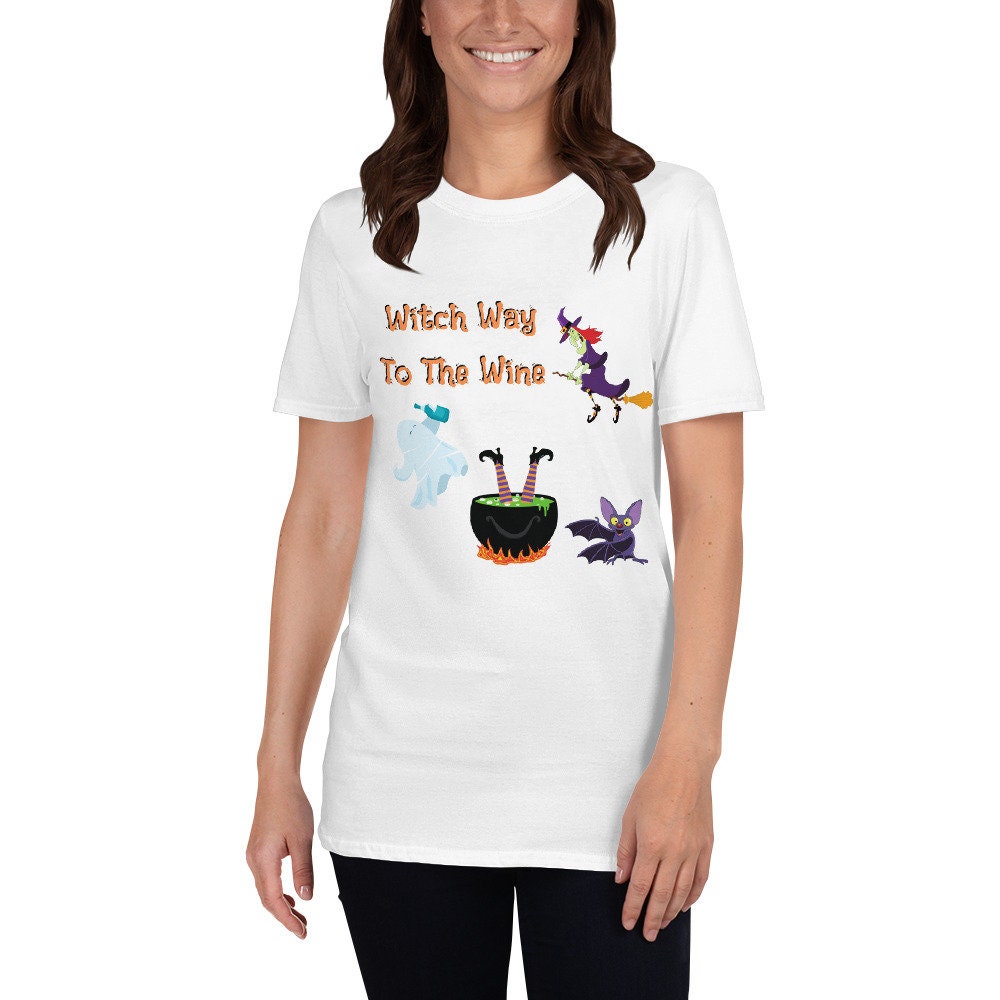 Witch Way To The Wine Silly Funny Sarcastic TShirt for Halloween Shirt with Witches Ghost and Bat for Men Women that Love Halloween and Wine