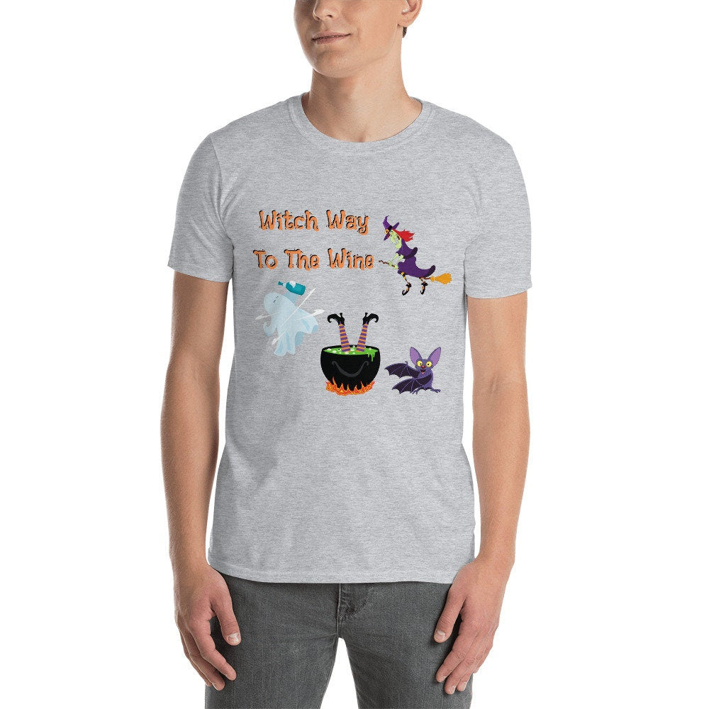 Witch Way To The Wine Silly Funny Sarcastic TShirt for Halloween Shirt with Witches Ghost and Bat for Men Women that Love Halloween and Wine