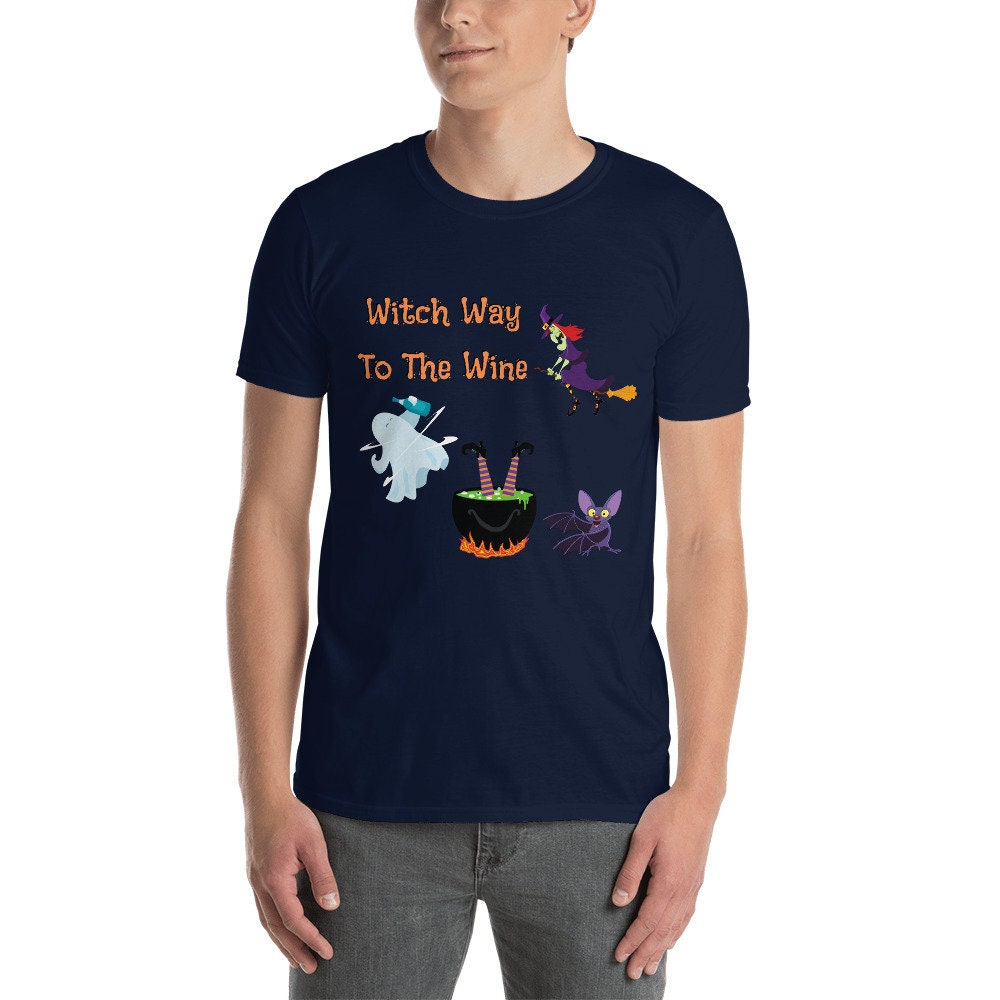 Witch Way To The Wine Silly Funny Sarcastic TShirt for Halloween Shirt with Witches Ghost and Bat for Men Women that Love Halloween and Wine