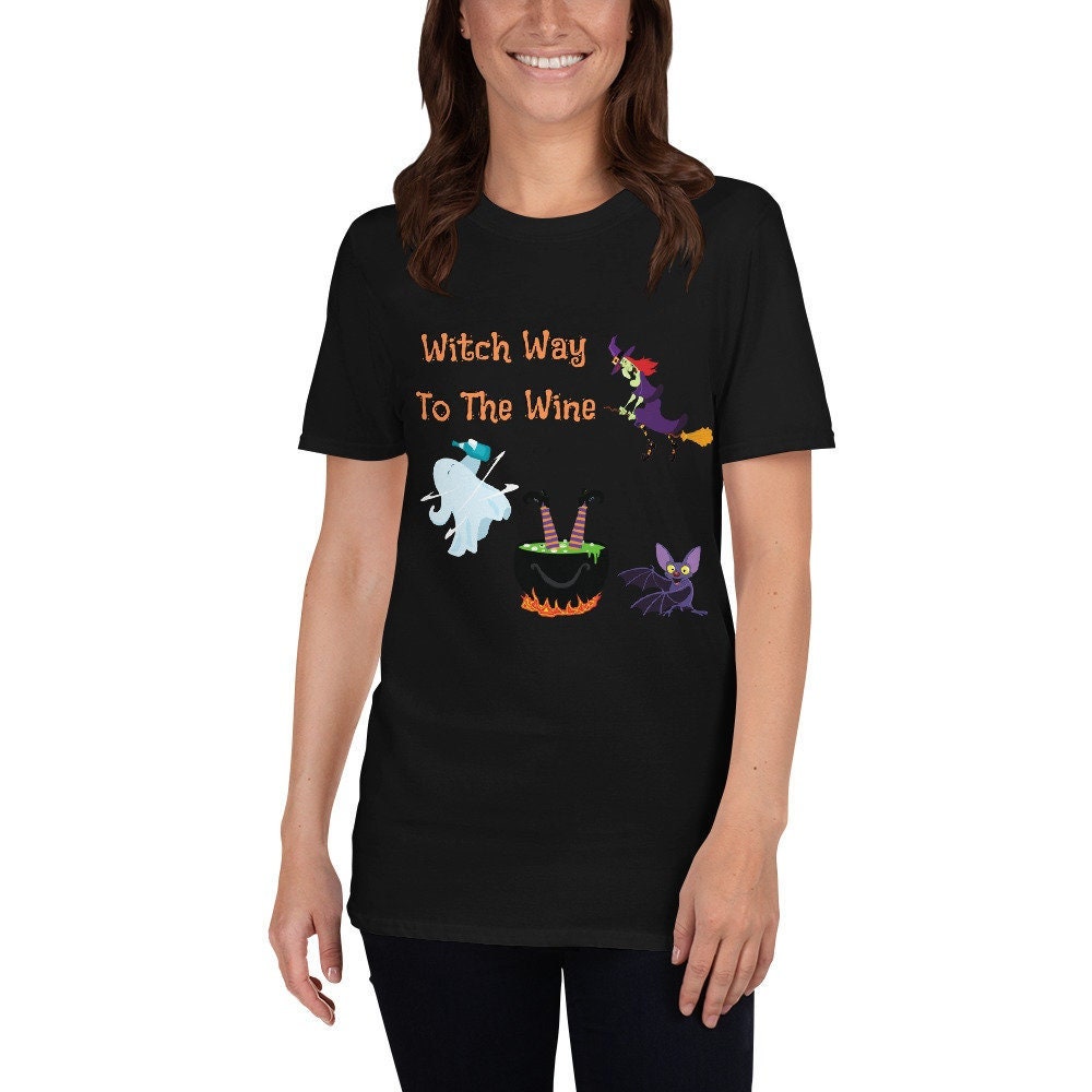 Witch Way To The Wine Silly Funny Sarcastic TShirt for Halloween Shirt with Witches Ghost and Bat for Men Women that Love Halloween and Wine