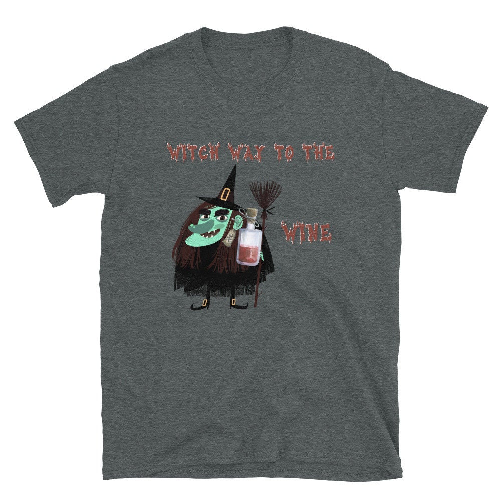 Witch Way To The Wine Silly Funny Sarcastic TShirt for Halloween Shirt with Witches Ghost and Bat for Men Women that Love Halloween and Wine