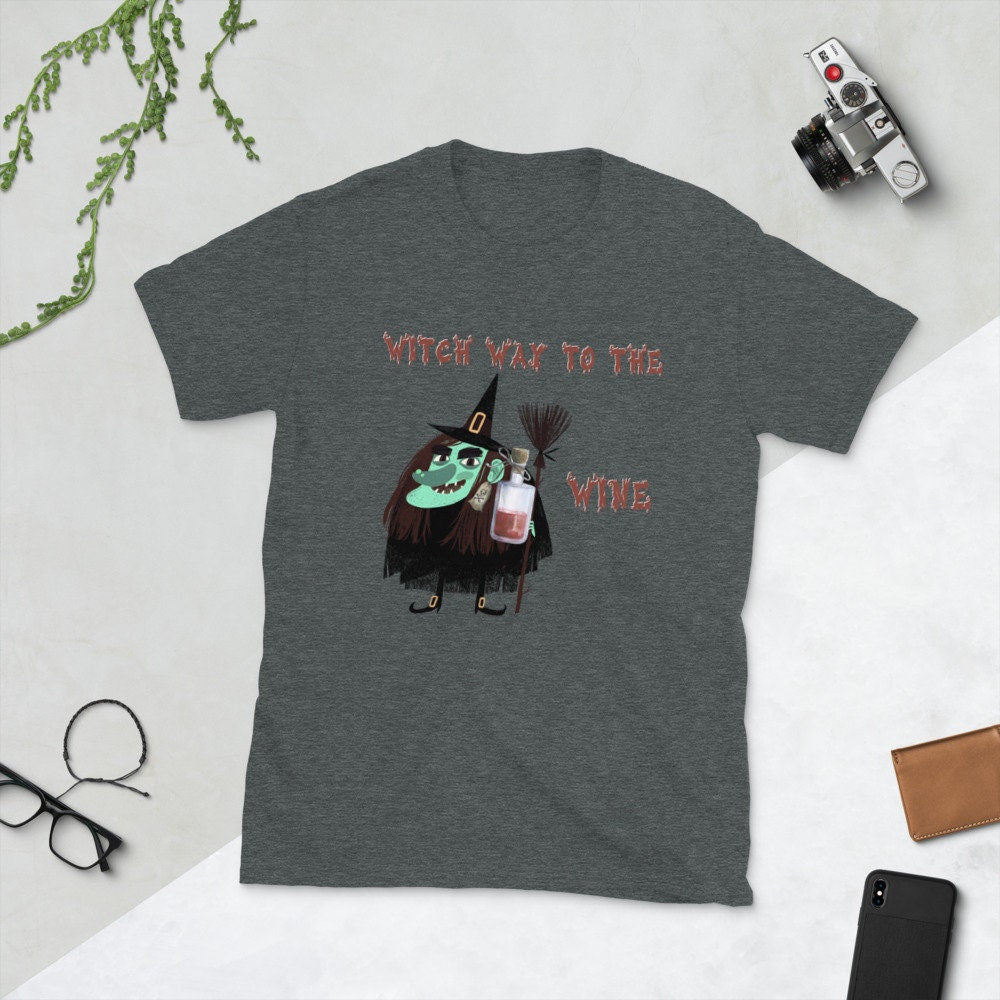 Witch Way To The Wine Silly Funny Sarcastic TShirt for Halloween Shirt with Witches Ghost and Bat for Men Women that Love Halloween and Wine