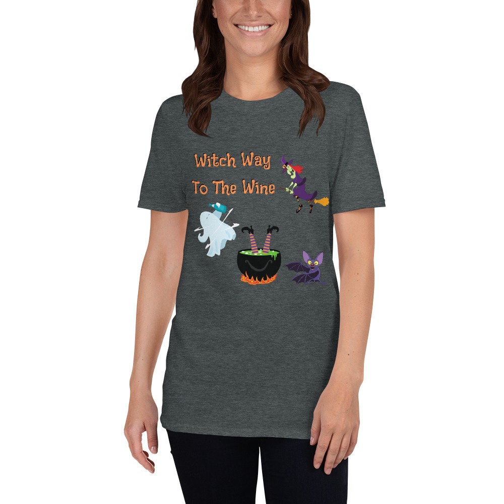 Witch Way To The Wine Silly Funny Sarcastic TShirt for Halloween Shirt with Witches Ghost and Bat for Men Women that Love Halloween and Wine