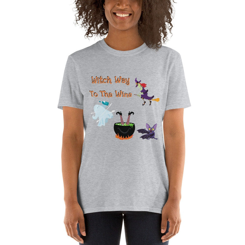 Witch Way To The Wine Silly Funny Sarcastic TShirt for Halloween Shirt with Witches Ghost and Bat for Men Women that Love Halloween and Wine