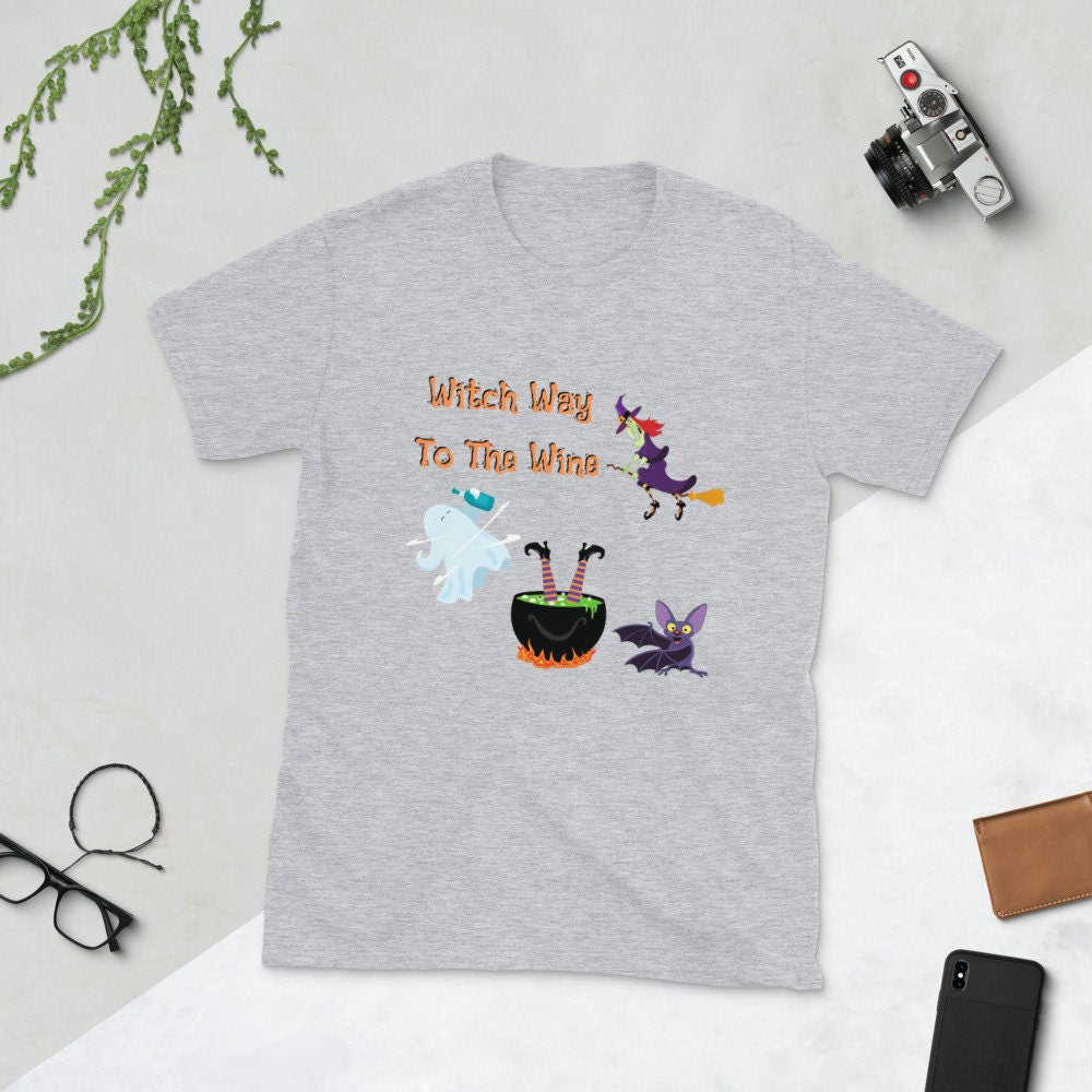 Witch Way To The Wine Silly Funny Sarcastic TShirt for Halloween Shirt with Witches Ghost and Bat for Men Women that Love Halloween and Wine