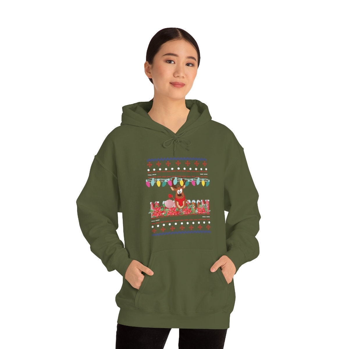 Christmas Reindeer Ugly Unisex Heavy Blend Hooded Sweatshirt for Adults or Kids Gift Idea for Family, Friends or Anyone that Loves Christmas