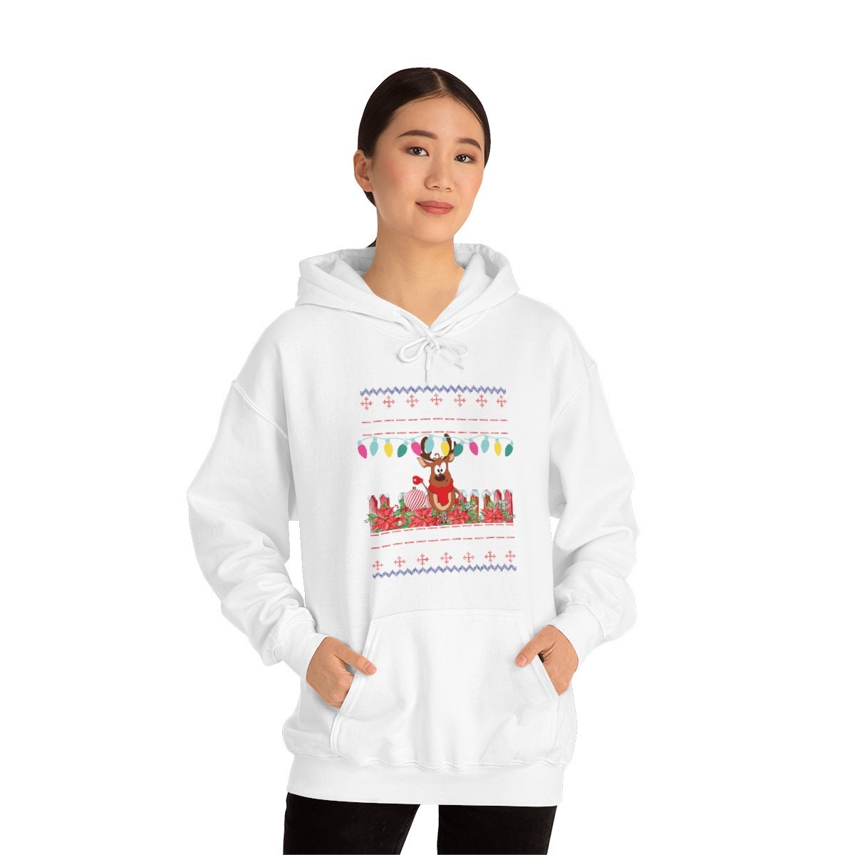 Christmas Reindeer Ugly Unisex Heavy Blend Hooded Sweatshirt for Adults or Kids Gift Idea for Family, Friends or Anyone that Loves Christmas