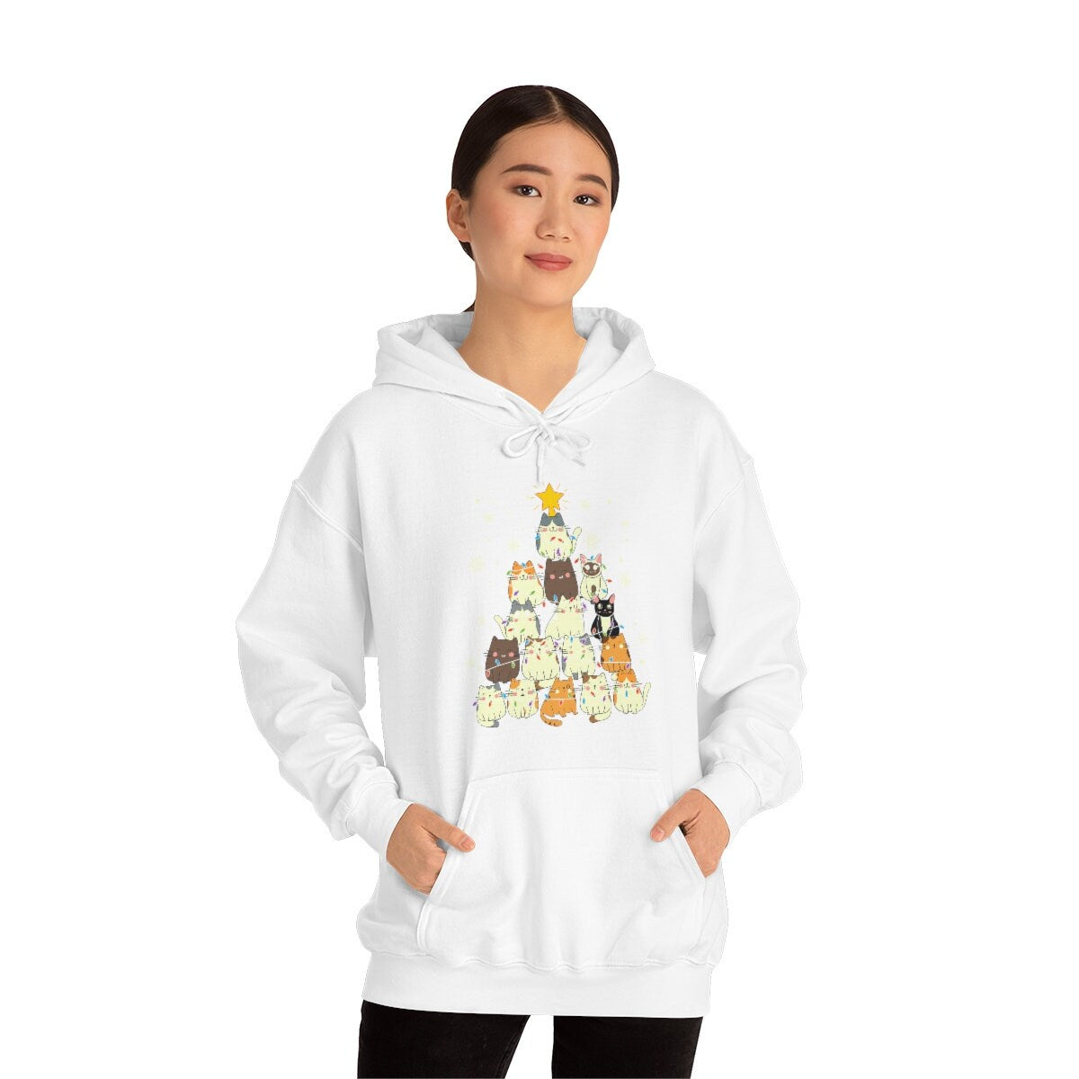 Happy Holidays Cat Christmas Tree Unisex Heavy Blend Hooded Sweatshirt for Adults or Kids Gift Idea for Family, Friends or all Cat Lovers