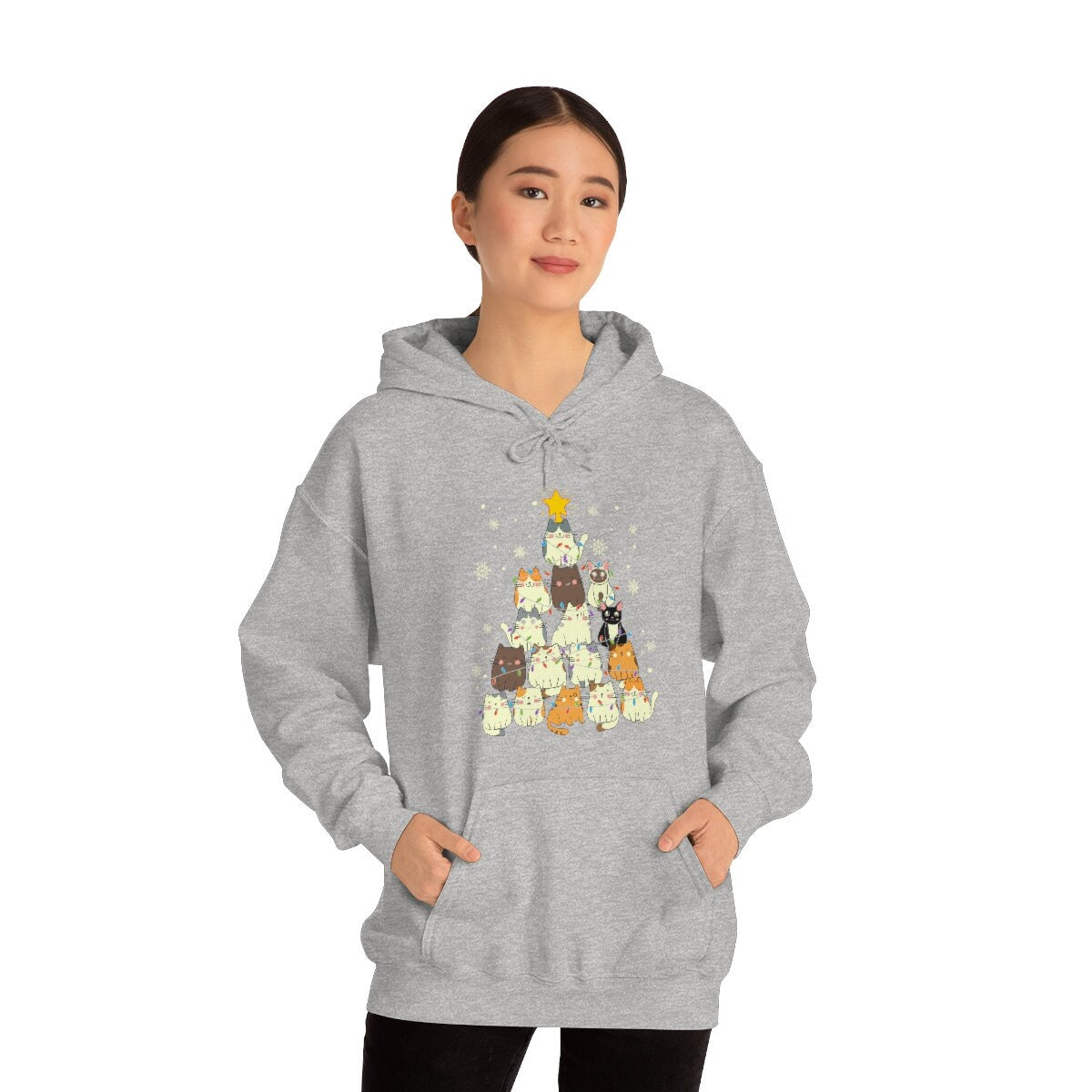 Happy Holidays Cat Christmas Tree Unisex Heavy Blend Hooded Sweatshirt for Adults or Kids Gift Idea for Family, Friends or all Cat Lovers