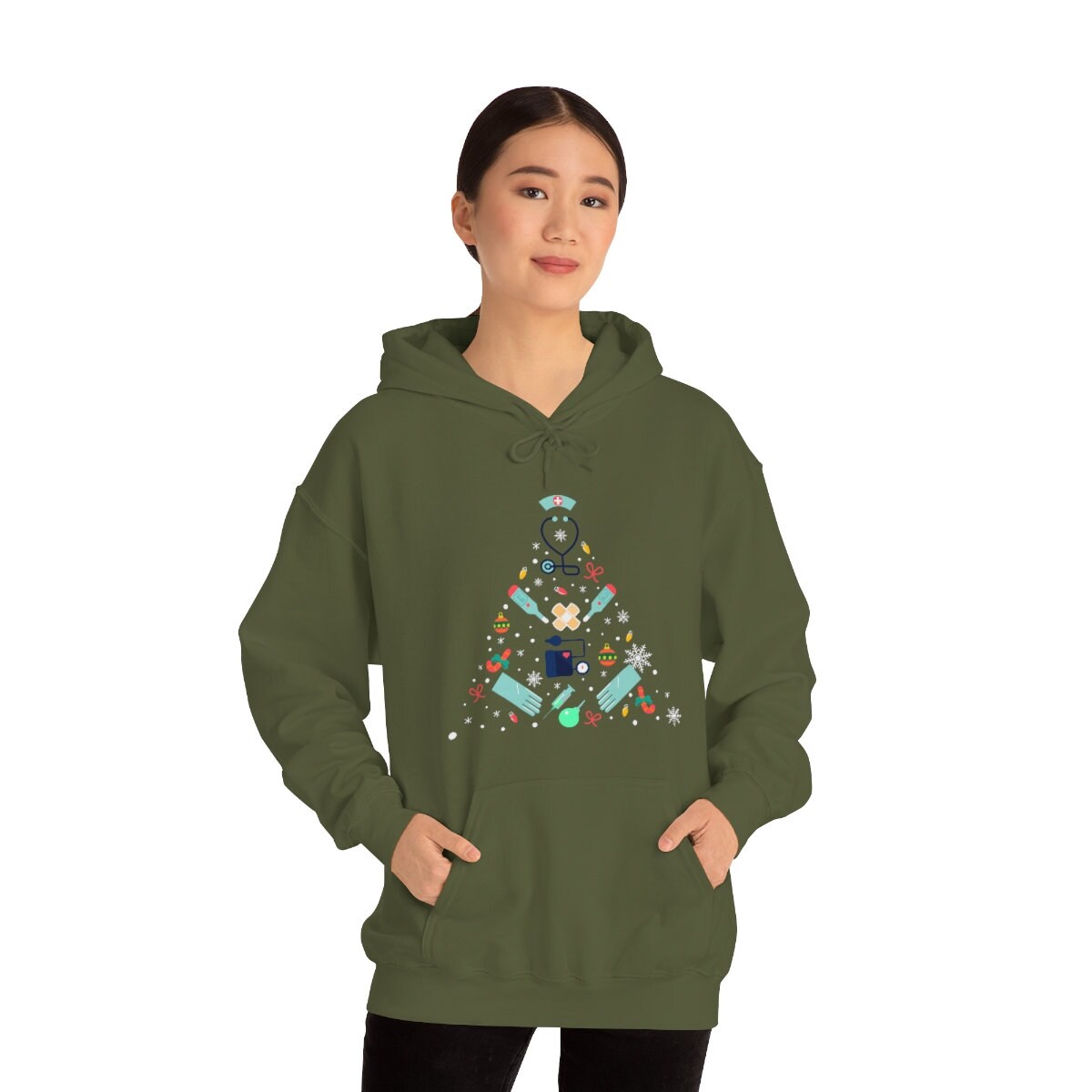 Happy Holidays Nurse or Doctor Christmas Tree Unisex Heavy Blend Hooded Sweatshirt for Anyone That Loves Nurses Gift Idea for Family Friends