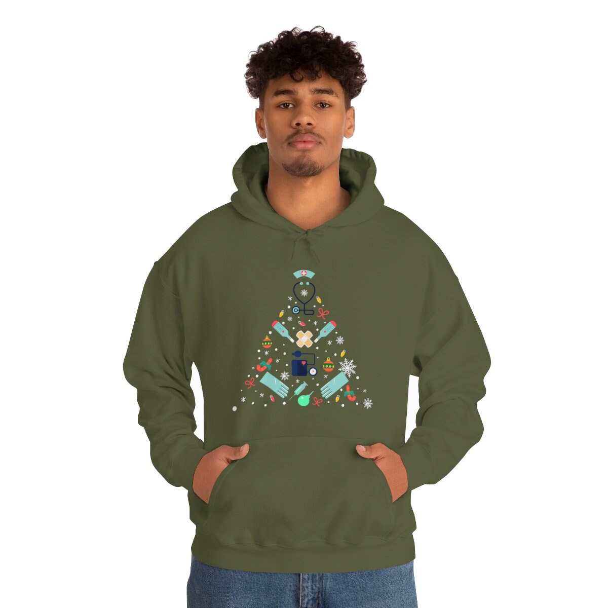 Happy Holidays Nurse or Doctor Christmas Tree Unisex Heavy Blend Hooded Sweatshirt for Anyone That Loves Nurses Gift Idea for Family Friends