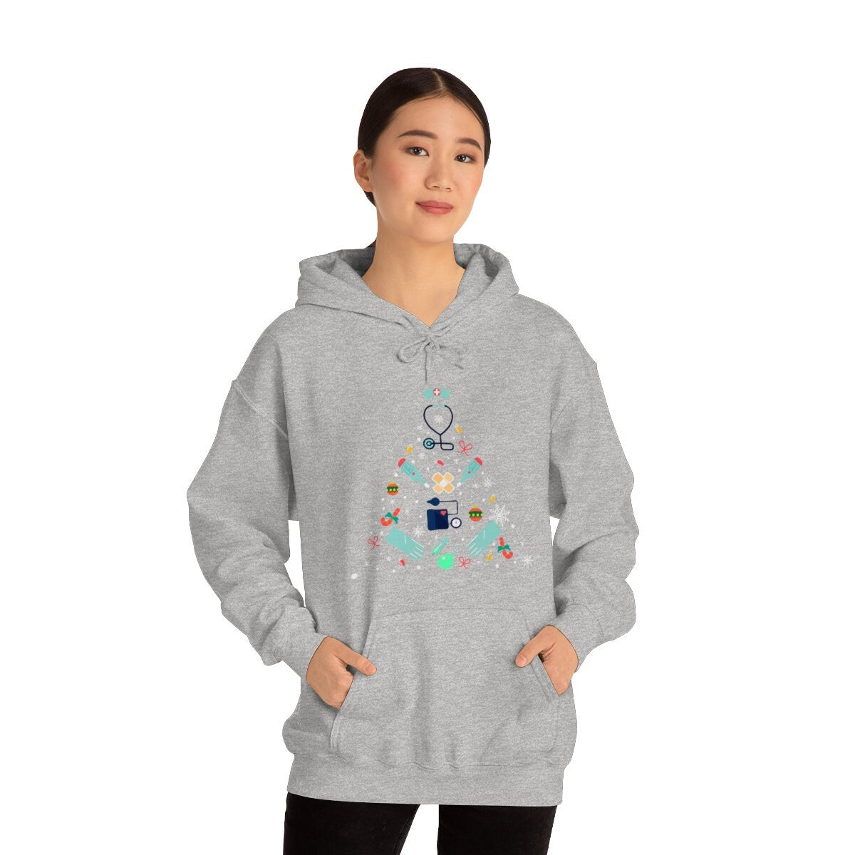 Happy Holidays Nurse or Doctor Christmas Tree Unisex Heavy Blend Hooded Sweatshirt for Anyone That Loves Nurses Gift Idea for Family Friends