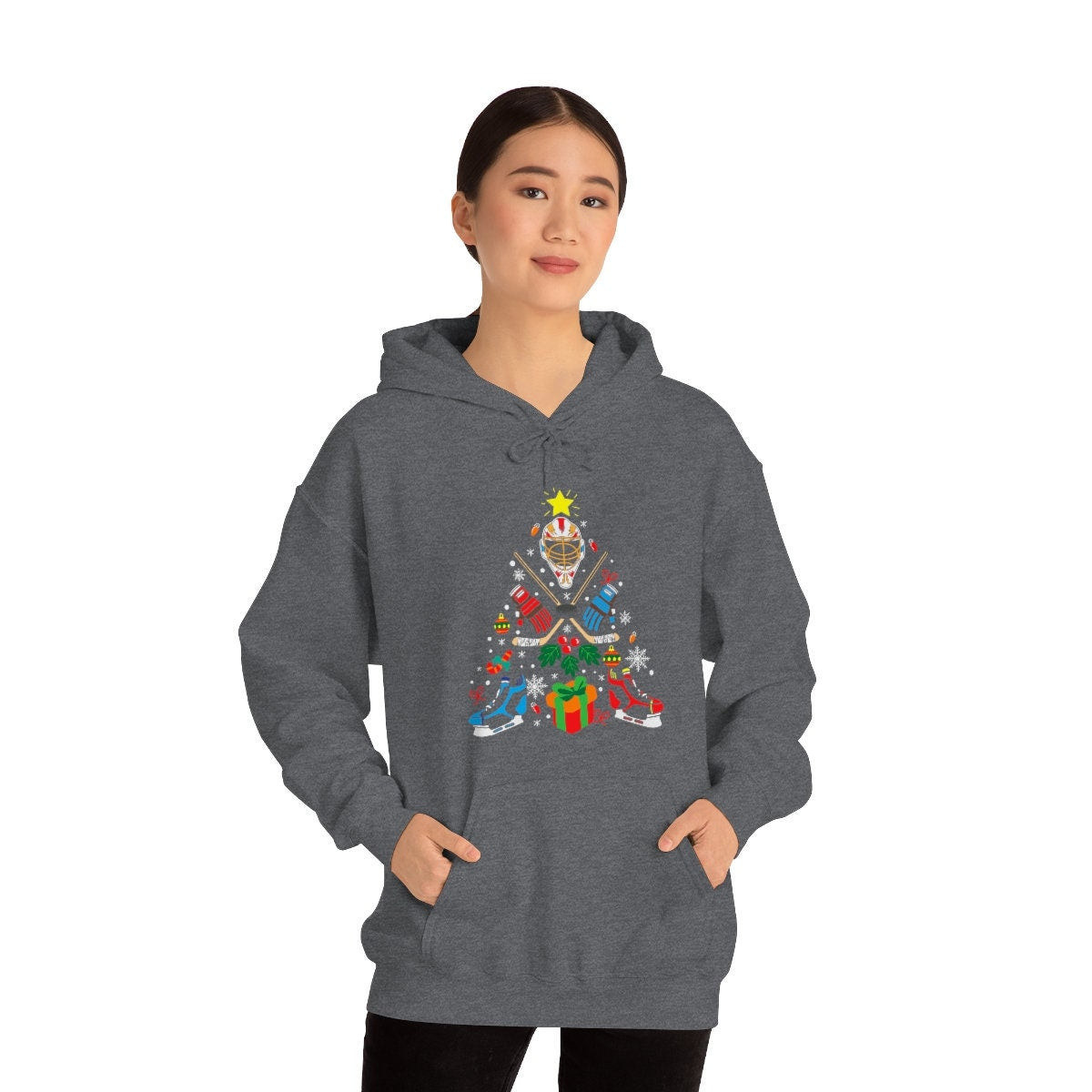 Happy Holidays Hockey Christmas Tree Unisex Heavy Blend Hooded Sweatshirt for Anyone That Loves Hockey Gift for Family, Friends, Hockey Fans