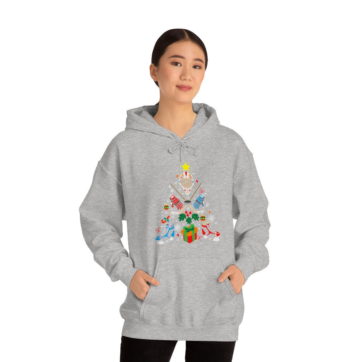 Happy Holidays Hockey Christmas Tree Unisex Heavy Blend Hooded Sweatshirt for Anyone That Loves Hockey Gift for Family, Friends, Hockey Fans