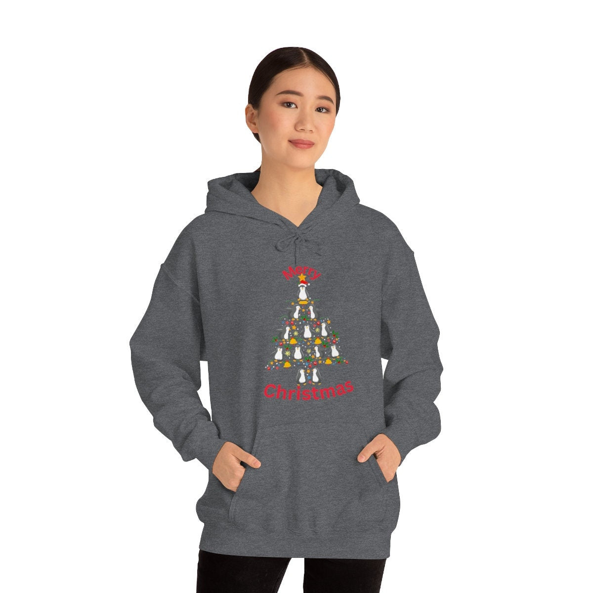 Happy Holidays Penguin Christmas Tree Unisex Heavy Blend Hooded Sweatshirt for Anyone That Loves Animals Penguins Gift for Family, Friends