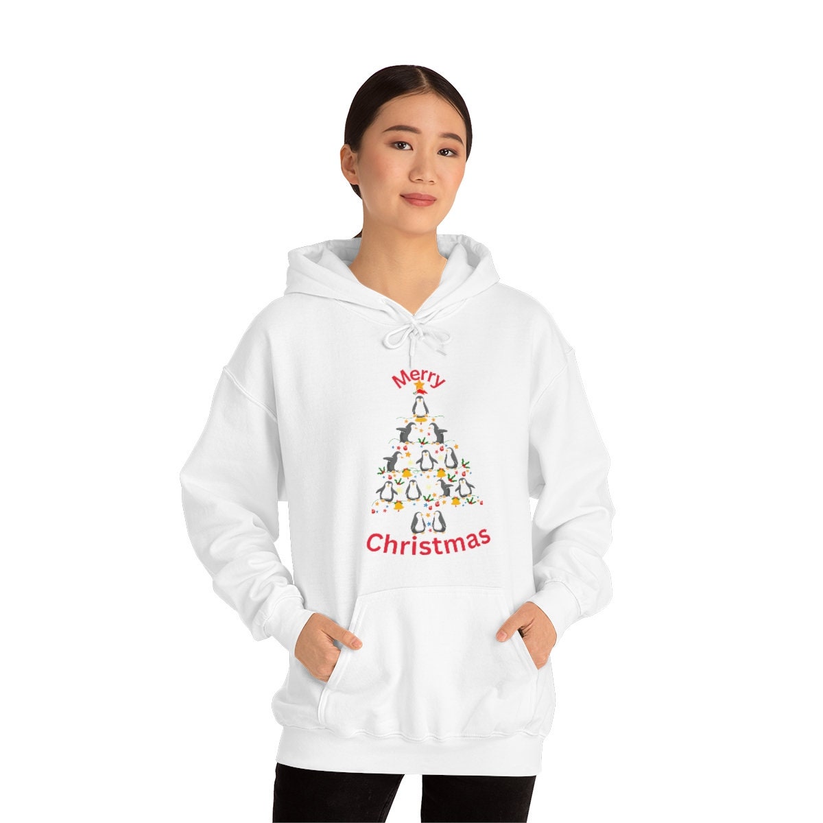 Happy Holidays Penguin Christmas Tree Unisex Heavy Blend Hooded Sweatshirt for Anyone That Loves Animals Penguins Gift for Family, Friends