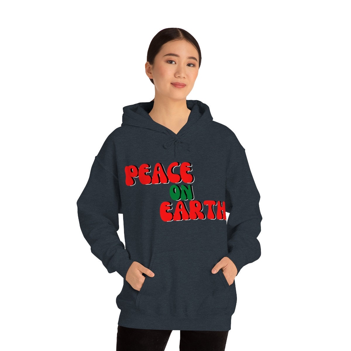 Peace on Earth Christmas Happy Holidays Unisex Heavy Blend Hooded Sweatshirt for Adults, Kids Great Gift Idea For Family Friends, Coworkers