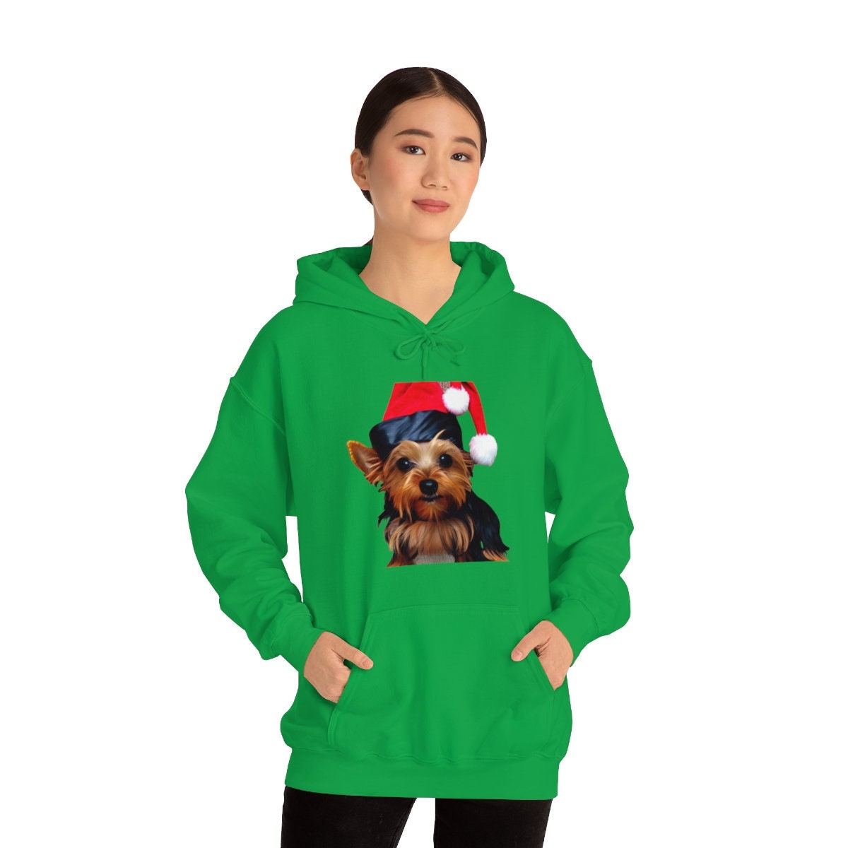 Yorkie Christmas Happy Holidays Unisex Heavy Blend Hooded Sweatshirt for Dog Lovers Yorkshire Terrier with Santa Claus Xmas Hat Sweatshirt