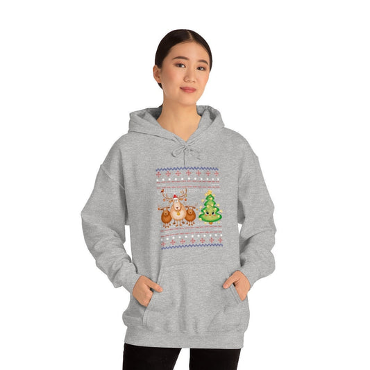 Christmas Tree and Reindeer Ugly Unisex Heavy Blend Hooded Sweatshirt for Adults or Kids Great Gift Idea for Family, Friends, or Anyone