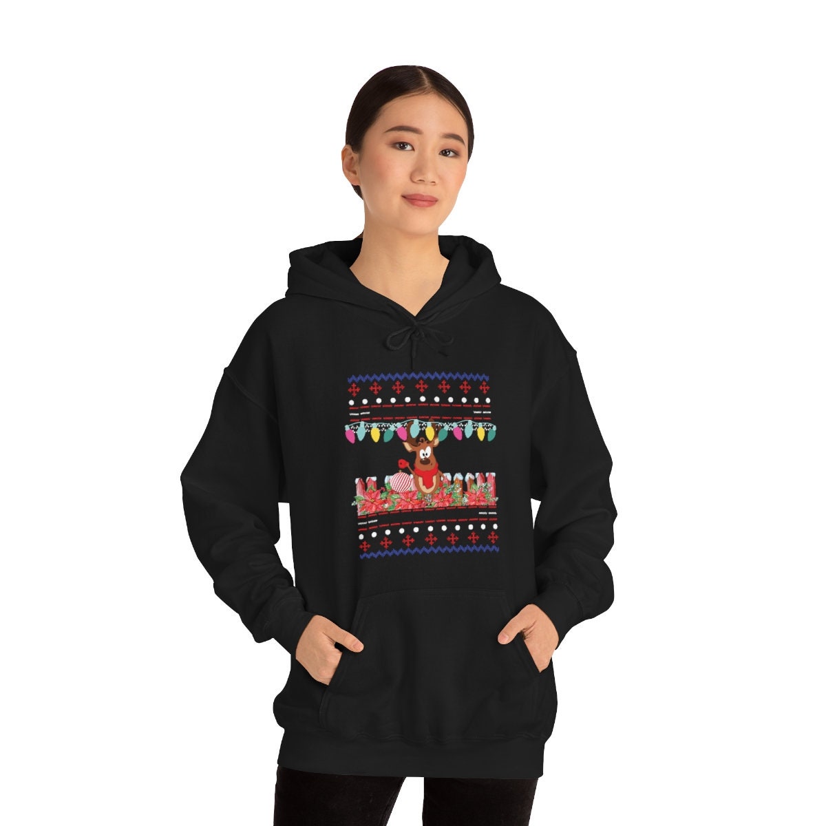 Christmas Reindeer Ugly Unisex Heavy Blend Hooded Sweatshirt for Adults or Kids Gift Idea for Family, Friends or Anyone that Loves Christmas