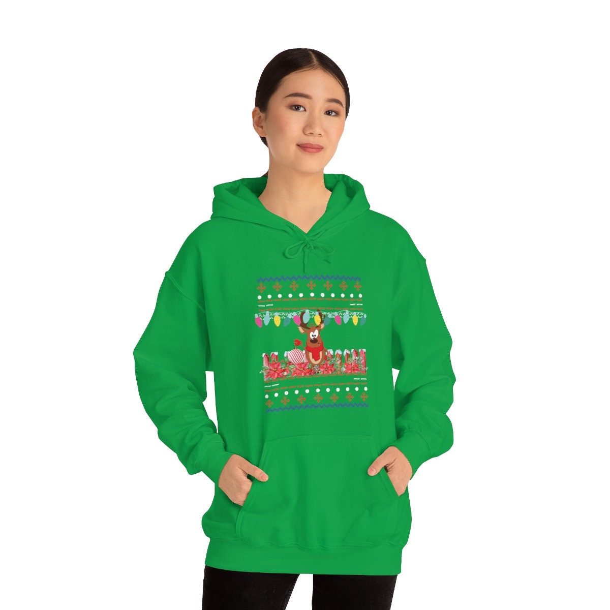 Christmas Reindeer Ugly Unisex Heavy Blend Hooded Sweatshirt for Adults or Kids Gift Idea for Family, Friends or Anyone that Loves Christmas